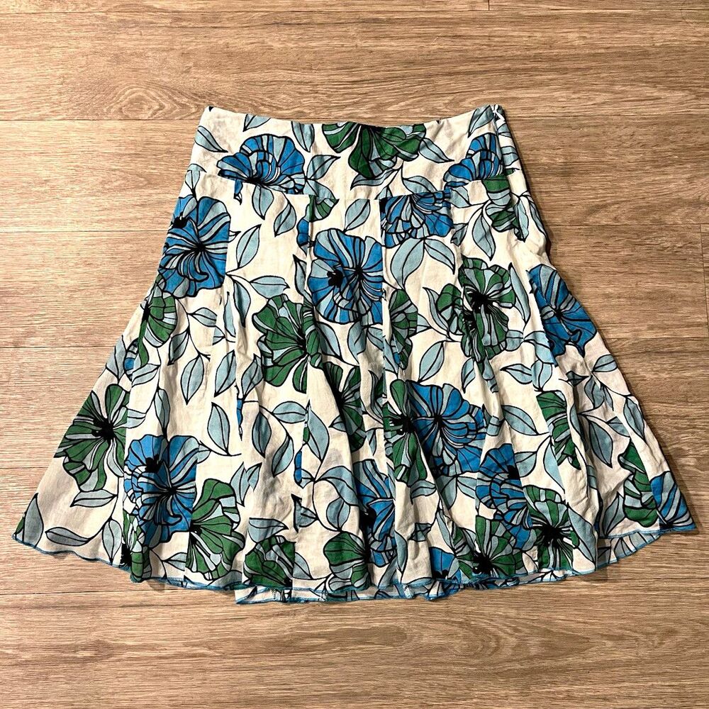 Apt. 9 Floral Pleated Skater Skirt White Blue Green Zip Cotton Womens 10 0076